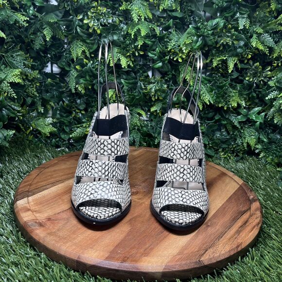 NINE WEST Heels‎ Women 9 Black White Snake Print Open Toe Sling back 2108 - Picture 9 of 13